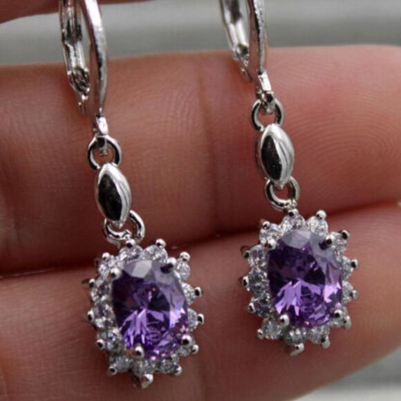 Jewelry - 18K White Gold Filled Flower Amethyst Purple Oval Diamond Zircon Dangle Earrings